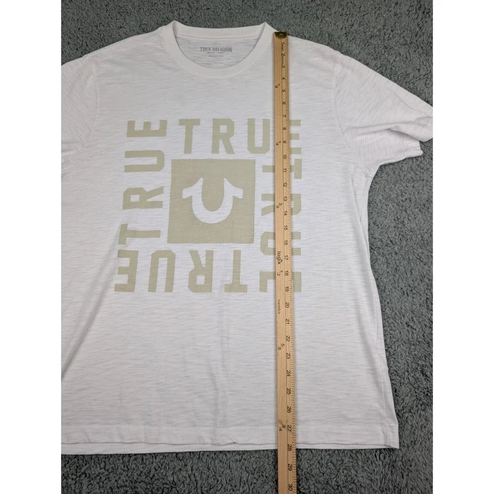 True Religion TShirt Men's L White/Tan Graphic Logo Horse Shoe Square‎